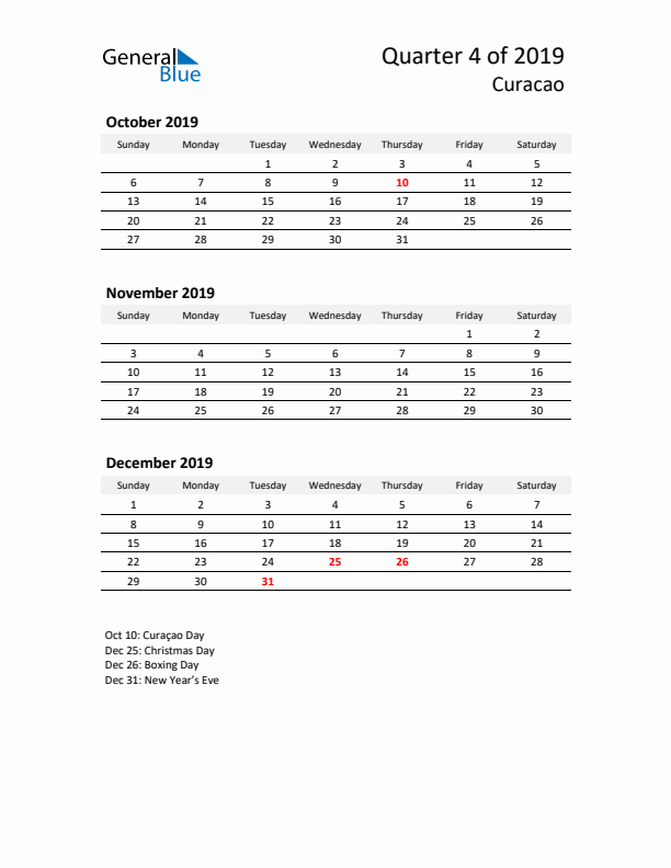 2019 Q4 Three-Month Calendar for Curacao