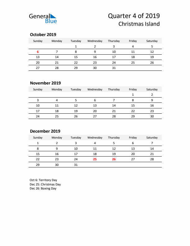 2019 Q4 Three-Month Calendar for Christmas Island