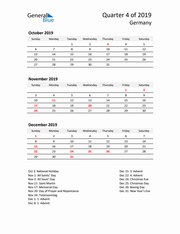 2019 Q4 Three-Month Calendar for Germany