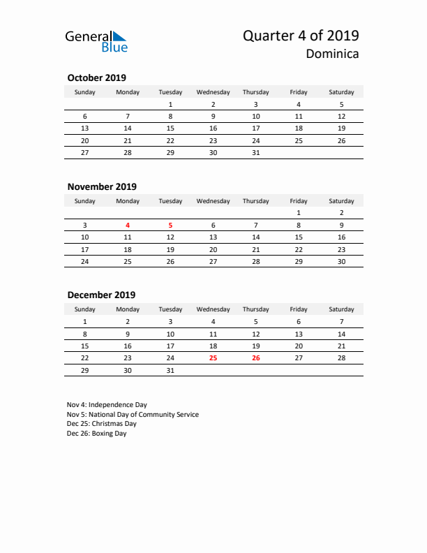 2019 Q4 Three-Month Calendar for Dominica