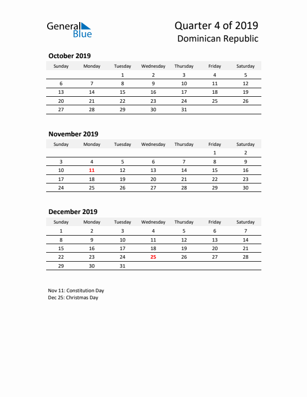 2019 Q4 Three-Month Calendar for Dominican Republic