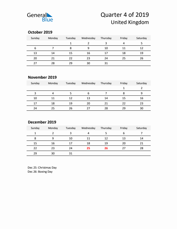 2019 Q4 Three-Month Calendar for United Kingdom