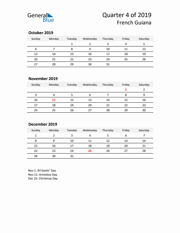 2019 Q4 Three-Month Calendar for French Guiana