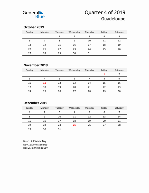 2019 Q4 Three-Month Calendar for Guadeloupe