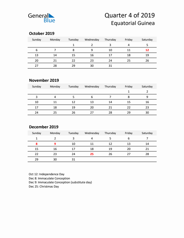 2019 Q4 Three-Month Calendar for Equatorial Guinea