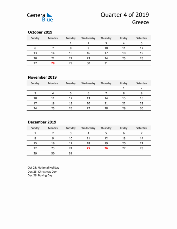 2019 Q4 Three-Month Calendar for Greece