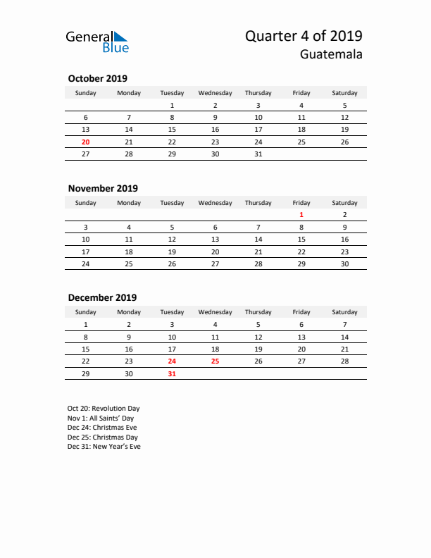 2019 Q4 Three-Month Calendar for Guatemala