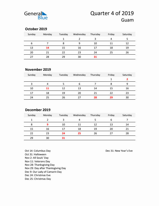 2019 Q4 Three-Month Calendar for Guam