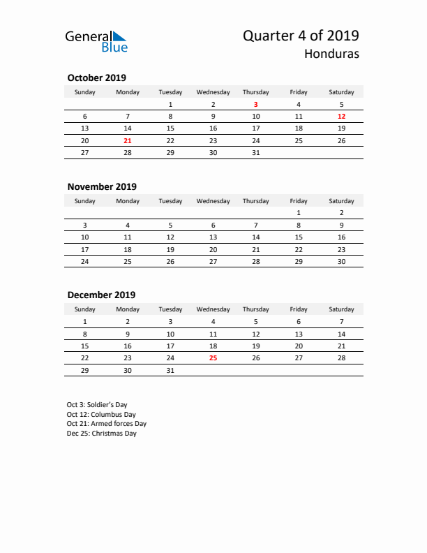 2019 Q4 Three-Month Calendar for Honduras