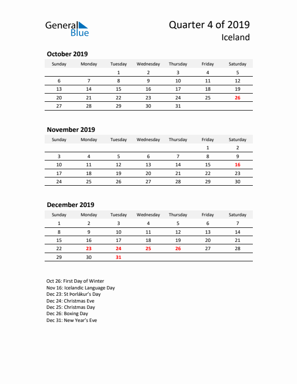 2019 Q4 Three-Month Calendar for Iceland