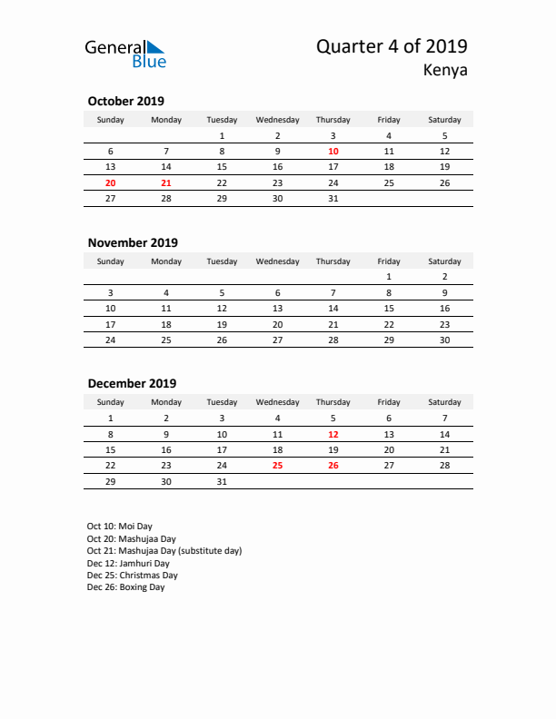 2019 Q4 Three-Month Calendar for Kenya