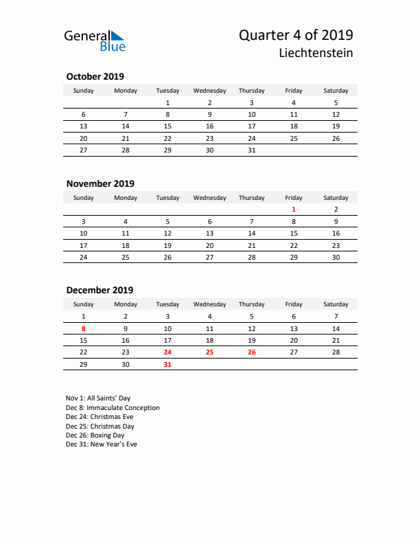 2019 Q4 Three-Month Calendar for Liechtenstein