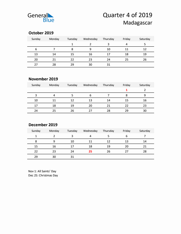 2019 Q4 Three-Month Calendar for Madagascar