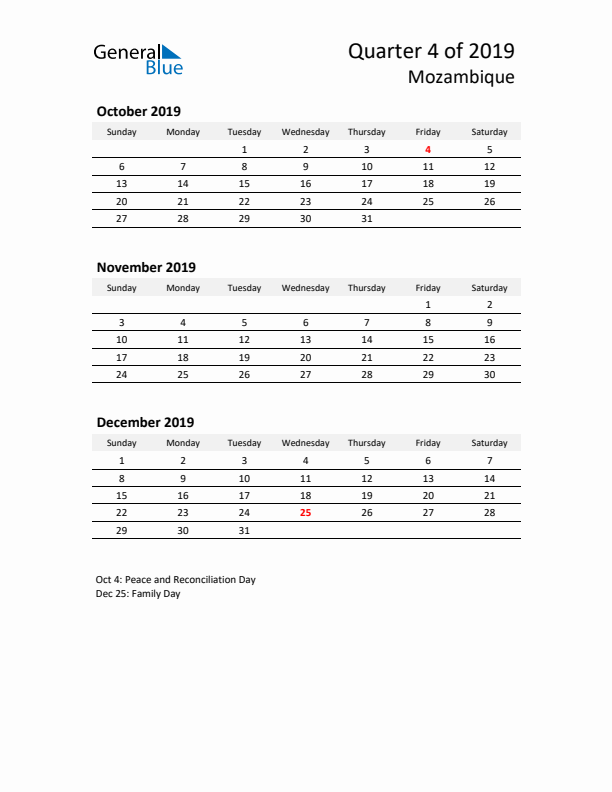 2019 Q4 Three-Month Calendar for Mozambique