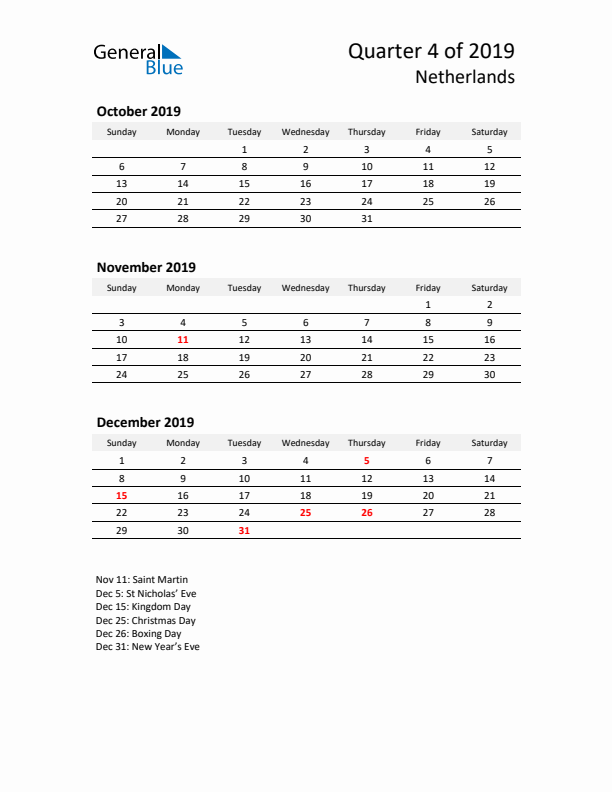 2019 Q4 Three-Month Calendar for The Netherlands