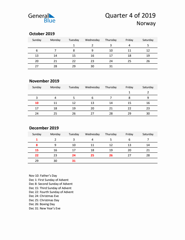 2019 Q4 Three-Month Calendar for Norway