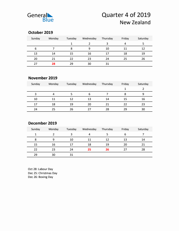 2019 Q4 Three-Month Calendar for New Zealand