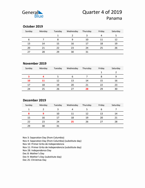 2019 Q4 Three-Month Calendar for Panama