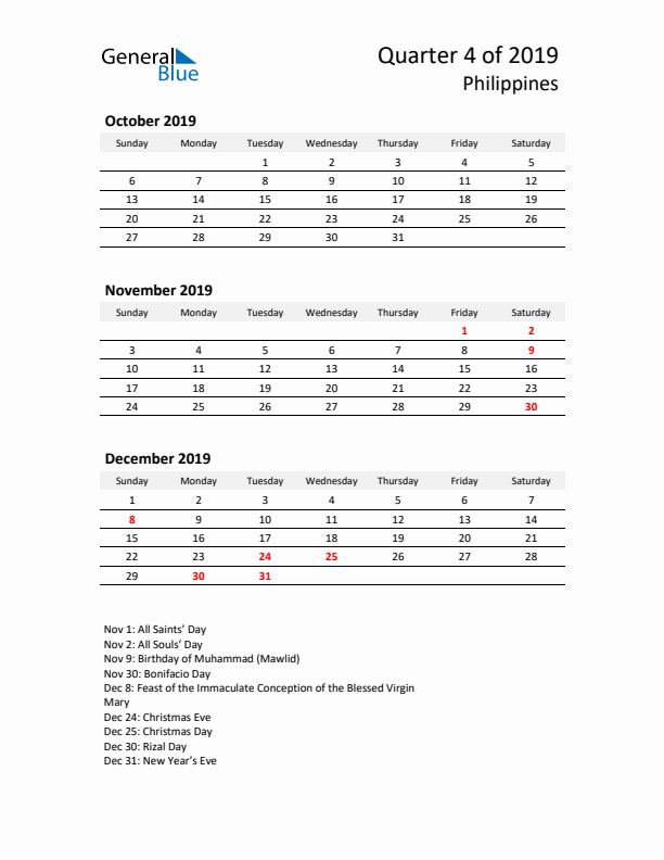 2019 Q4 Three-Month Calendar for Philippines