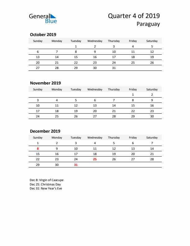 2019 Q4 Three-Month Calendar for Paraguay