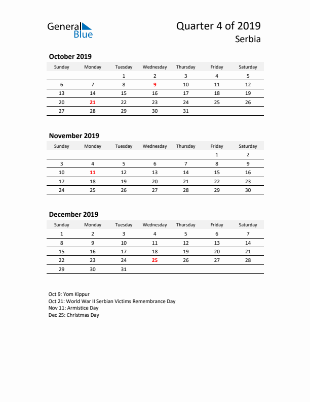 2019 Q4 Three-Month Calendar for Serbia