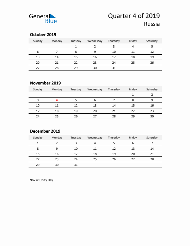 2019 Q4 Three-Month Calendar for Russia