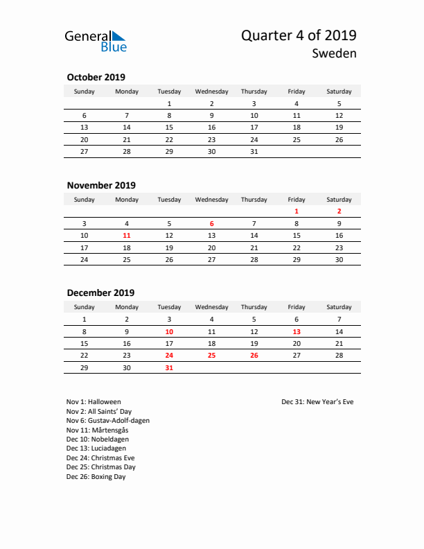 2019 Q4 Three-Month Calendar for Sweden