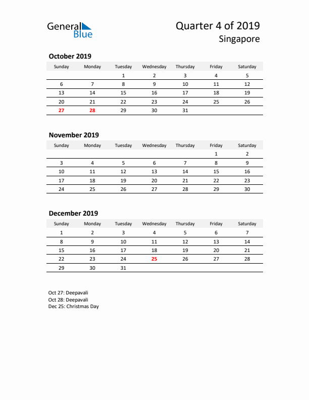 2019 Q4 Three-Month Calendar for Singapore