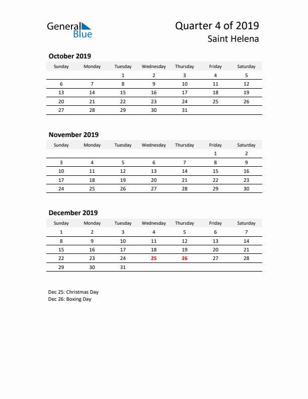 2019 Q4 Three-Month Calendar for Saint Helena