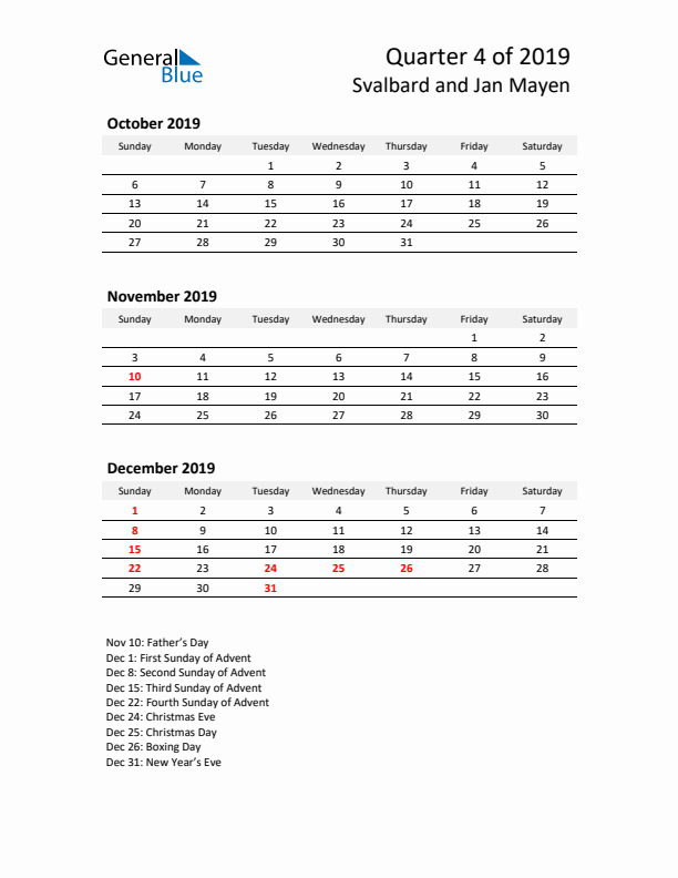 2019 Q4 Three-Month Calendar for Svalbard and Jan Mayen