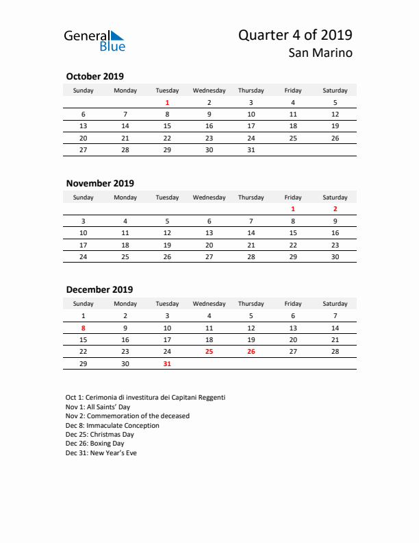 2019 Q4 Three-Month Calendar for San Marino