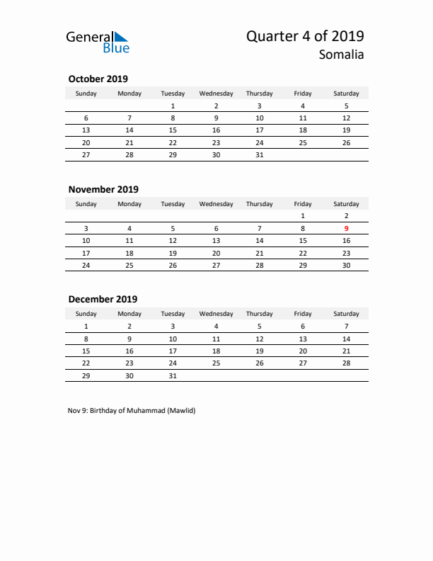 2019 Q4 Three-Month Calendar for Somalia