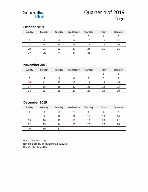 2019 Q4 Three-Month Calendar for Togo