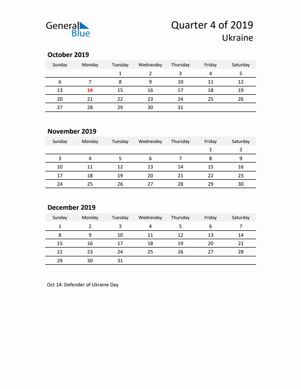 2019 Q4 Three-Month Calendar for Ukraine