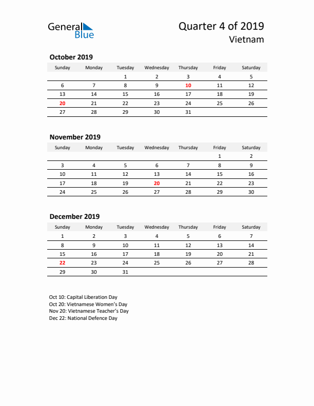 2019 Q4 Three-Month Calendar for Vietnam