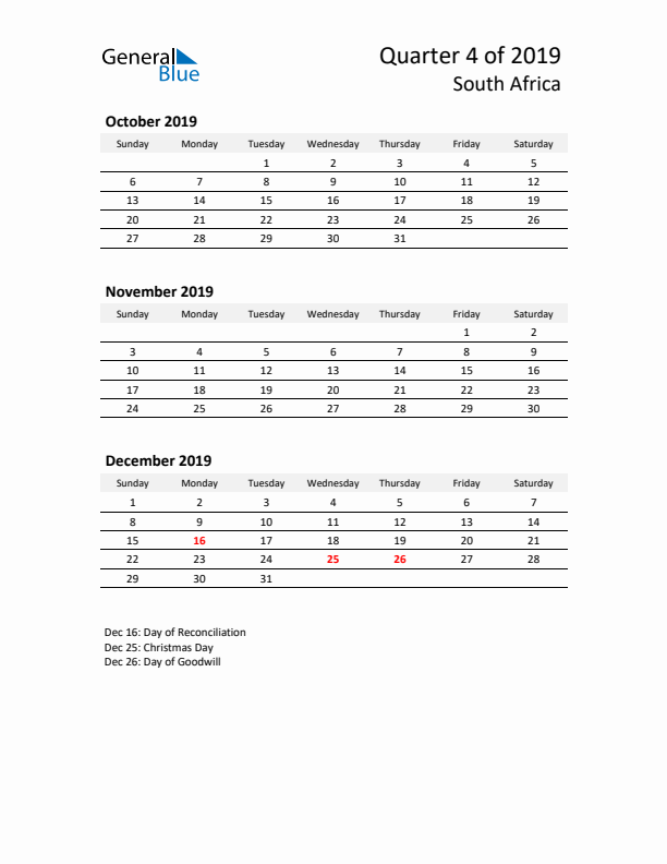 2019 Q4 Three-Month Calendar for South Africa