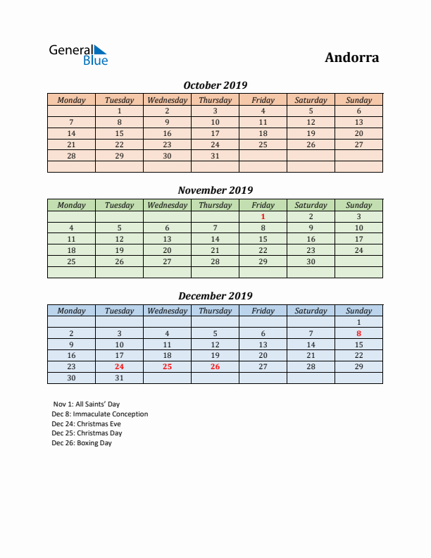 Q4 2019 Holiday Calendar - Andorra