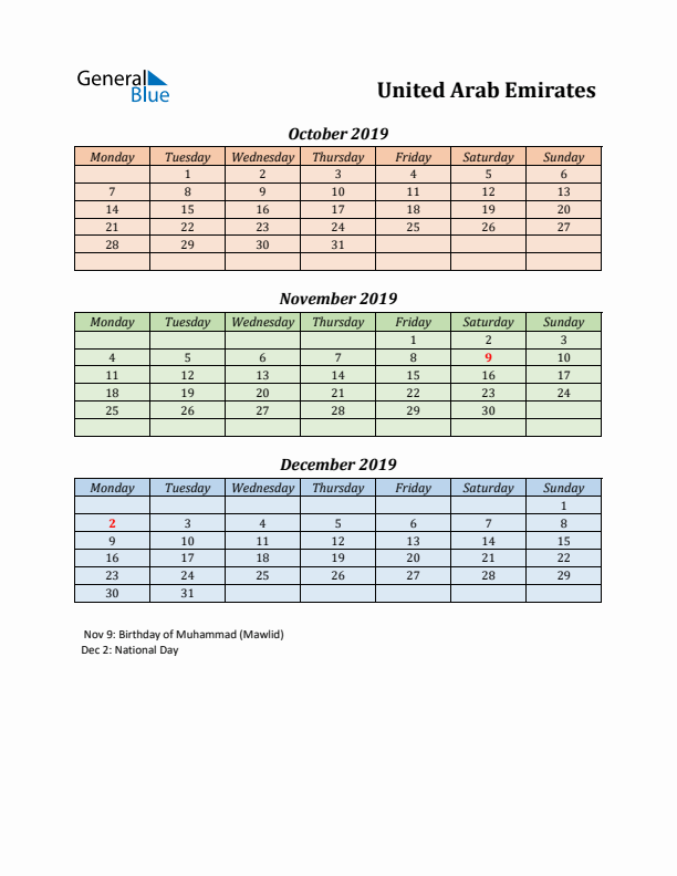 Q4 2019 Holiday Calendar - United Arab Emirates