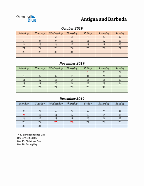 Q4 2019 Holiday Calendar - Antigua and Barbuda