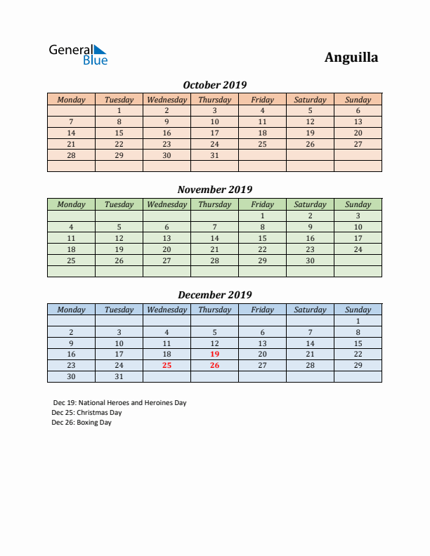 Q4 2019 Holiday Calendar - Anguilla