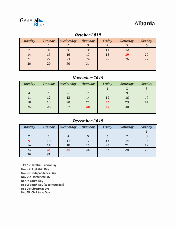 Q4 2019 Holiday Calendar - Albania