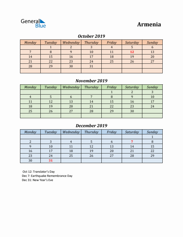 Q4 2019 Holiday Calendar - Armenia