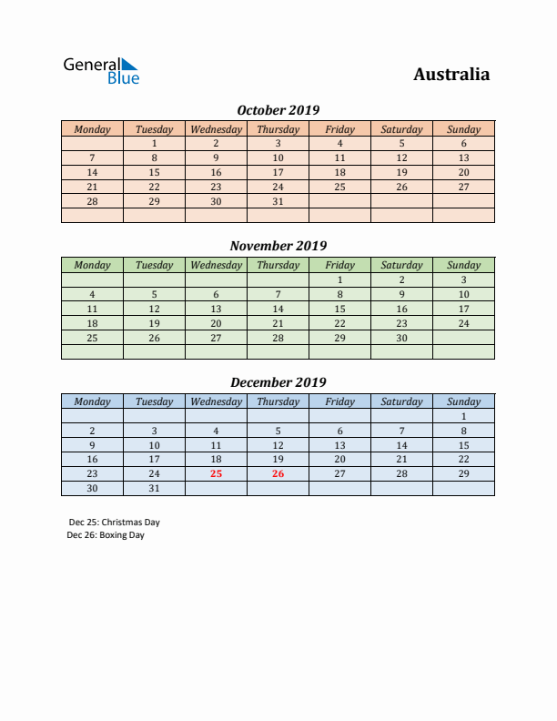 Q4 2019 Holiday Calendar - Australia