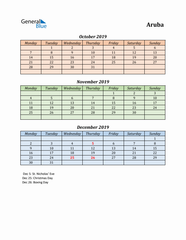 Q4 2019 Holiday Calendar - Aruba