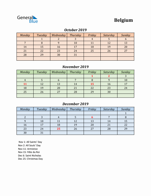 Q4 2019 Holiday Calendar - Belgium