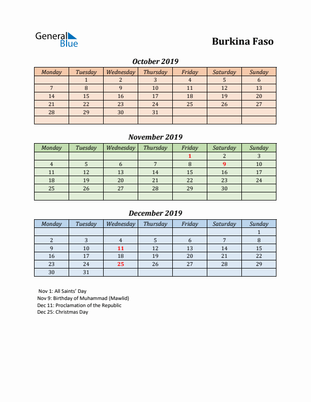 Q4 2019 Holiday Calendar - Burkina Faso