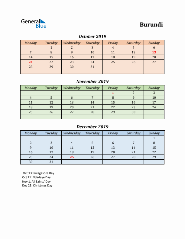 Q4 2019 Holiday Calendar - Burundi