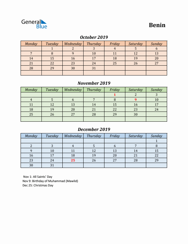 Q4 2019 Holiday Calendar - Benin