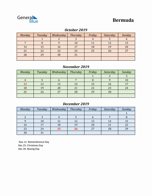 Q4 2019 Holiday Calendar - Bermuda