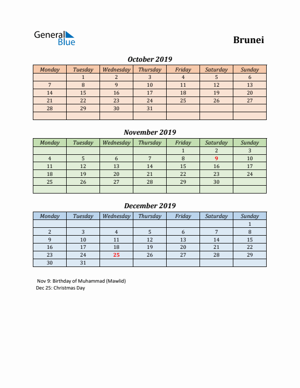 Q4 2019 Holiday Calendar - Brunei